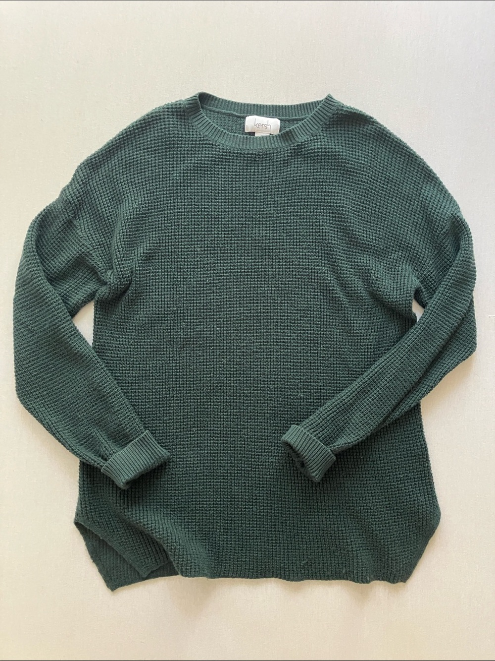 Kersh Dark Green Waffle Knit Crewneck Sweater